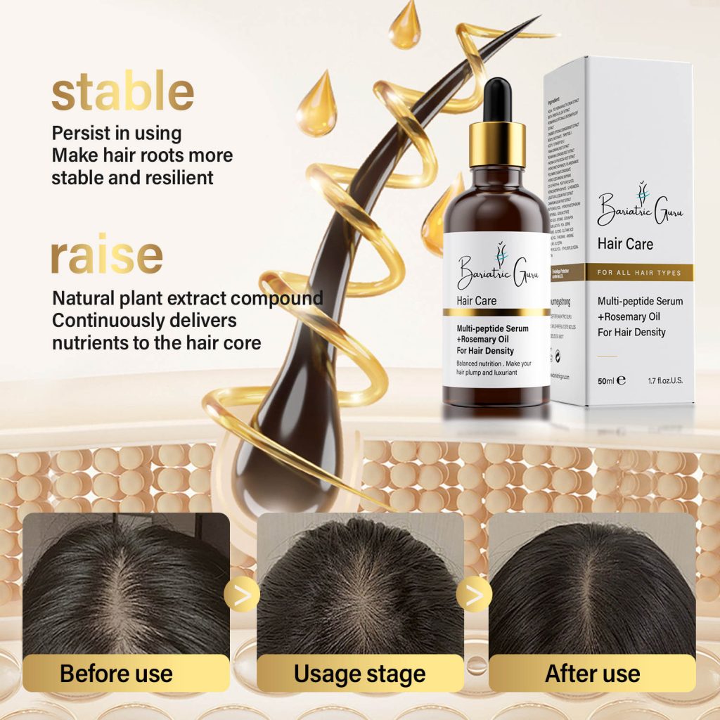 Hair serum product with packaging and dropper, features include hair root strengthening and density enhancement. Stages shown: before, during, and after usage with visible hair improvements.