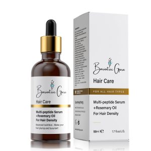A dropper bottle and box of Bariatric Guru Multi-peptide Serum with Rosemary Oil for hair density. 50ml.