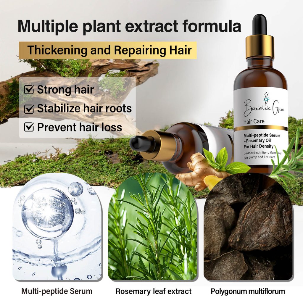 Hair care product featuring multi-peptide serum, rosemary leaf extract, and polygonum multiflorum, highlighting benefits like strong hair, healthy roots, and prevention of hair loss.