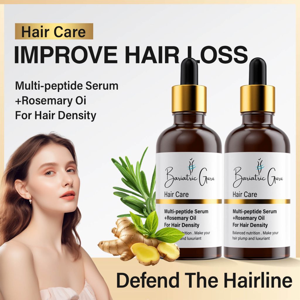 Image of hair care product advertisement featuring two bottles of serum with ginger and rosemary illustrations, accompanied by a woman with long hair. Text reads "Improve Hair Loss" and "Defend the Hairline.