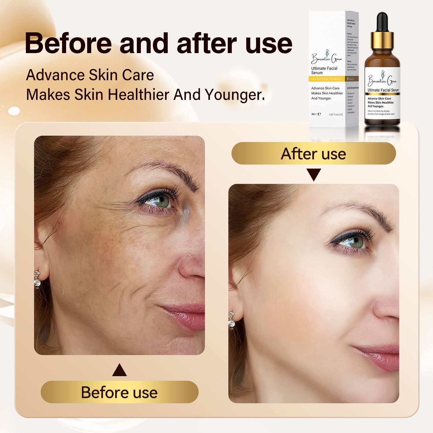 Skincare product ad showing before and after images of a woman's face, highlighting reduced wrinkles and smoother skin. Product bottle and packaging are displayed at the top right.