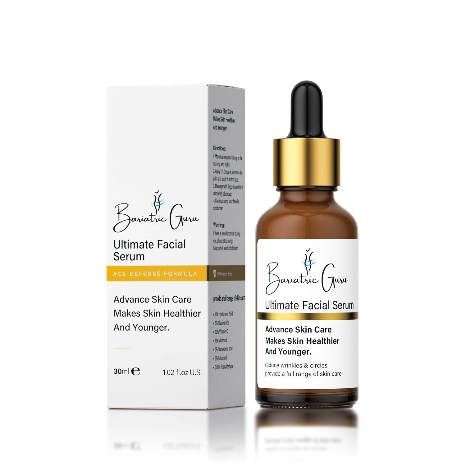 A brown dropper bottle next to a white box labeled "Ultimate Facial Serum" by Bariatric Guru. The box highlights its age defense formula and skin care benefits.