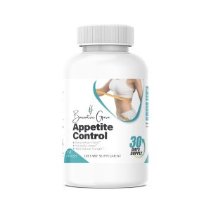 A white bottle labeled "Appetite Control" by Bariatric Guru, featuring an image of a person measuring their waist. The bottle contains 60 capsules and advertises a 30-day supply.