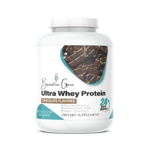 A container of Bariatric Guru Ultra Whey Protein, chocolate flavored, with 31.2 oz (886 grams) indicated on the label. The label also claims 24g protein per serving and promotes muscle growth and weight loss.