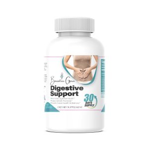 A white bottle labeled "Digestive Support" by Bariatric Guru containing dietary supplement capsules. The label mentions it improves digestive health, boosts overall health and wellness, and offers a 30-day supply.