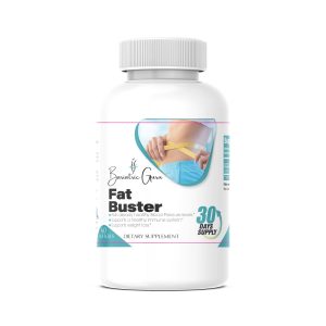 A white bottle labeled "Fat Buster" featuring an image of person pinching their waist. The bottle indicates a 30-day supply and mentions it supports healthy blood pressure, cholesterol, and weight loss.