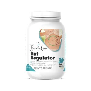 A bottle of "Gut Regulator" dietary supplement with 60 capsules, promoting digestive health. Label shows a person touching their stomach and highlights benefits for immunity and gut balance.