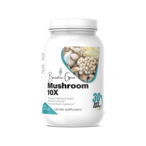 White bottle labeled "Mushroom 10X" by Bariatric Guru, with an image of various mushrooms. Contains 60 capsules, 30-day supply. Promotes wellness, vitality, clarity, and immune support.