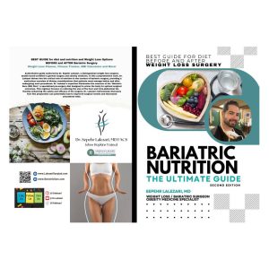 Cover of a book titled "Bariatric Nutrition: The Ultimate Guide" with images of healthy meals and a doctor. The book offers guidance on diet before and after weight loss surgery.