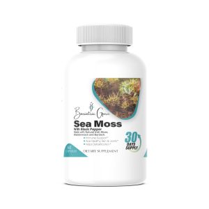 A white bottle of dietary supplement labeled "Bariatric Guru Sea Moss." It contains 60 capsules with sea moss, black pepper, bladderwrack, and burdock for immune support and detoxification. 30 days supply.