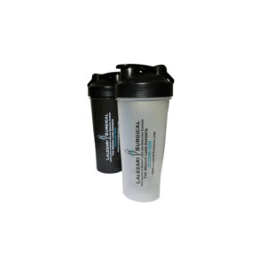 Two protein shaker bottles, one black and one translucent, featuring the text "Lalezari Surgical" and contact details, placed side by side against a plain white background.