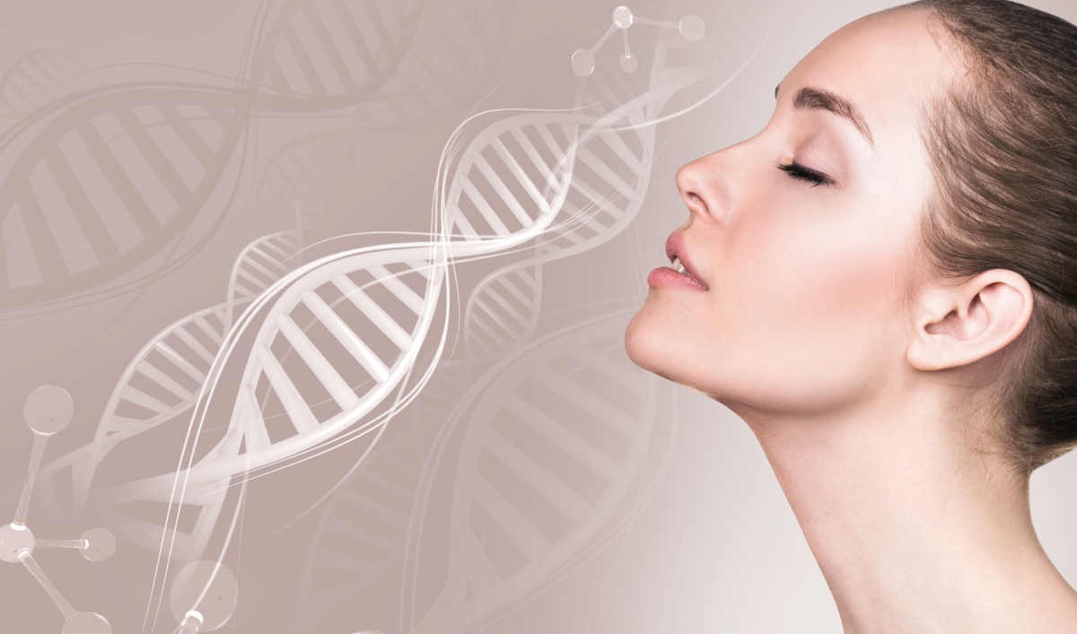 Profile of a woman with closed eyes, juxtaposed with a graphic of intertwined DNA strands and molecular structures in the background.