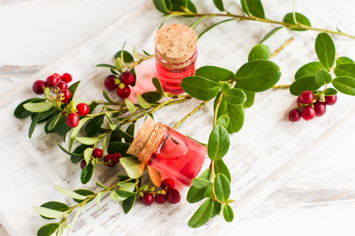 Two small glass bottles with cork stoppers containing red liquid, surrounded by green leaves and red berries on a white wooden surface.