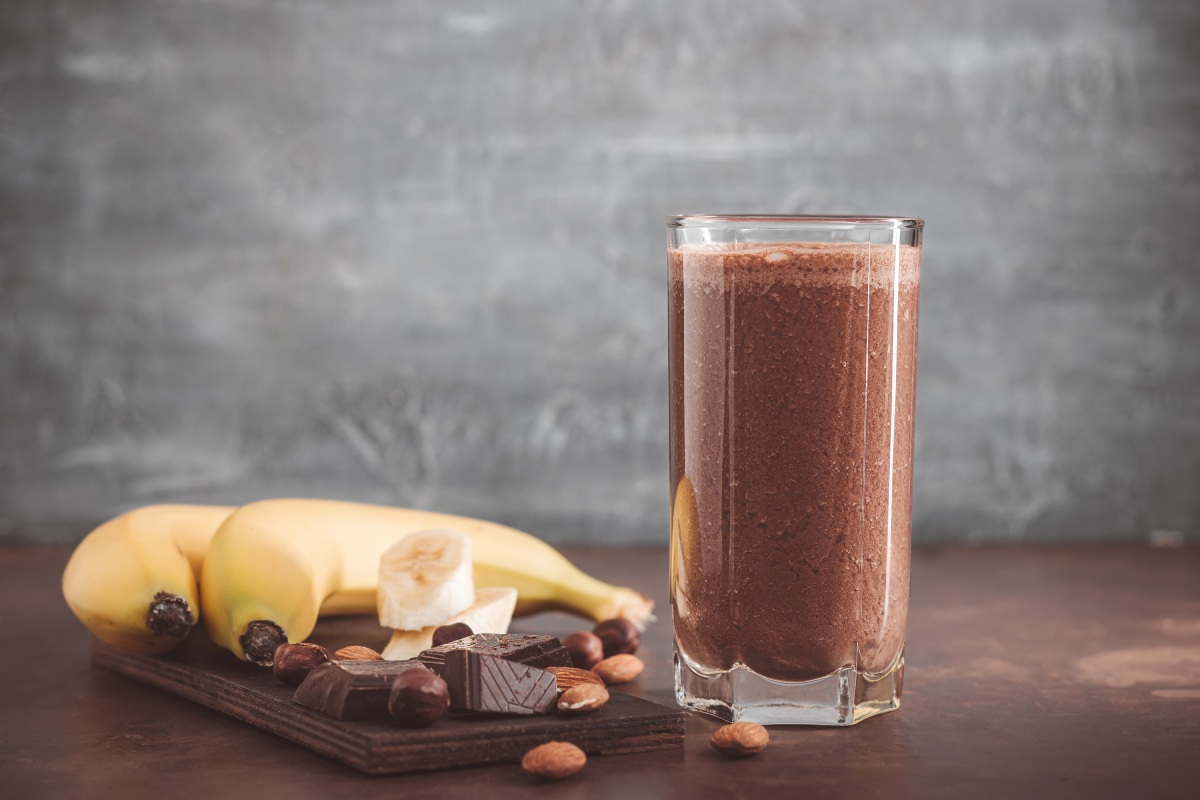 chocolate milkshake smoothie with banana, protein and nuts