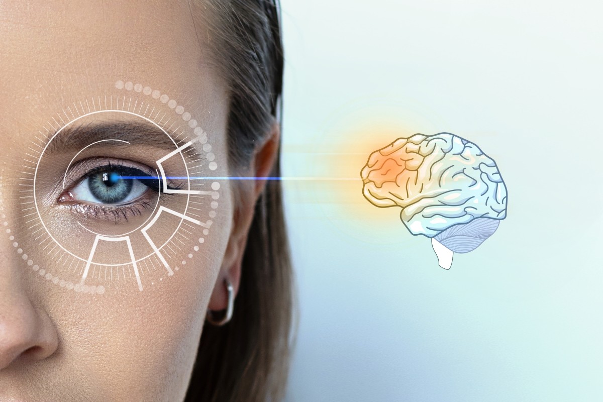 Close-up of a woman's eye with a digital interface overlay pointing at the brain, symbolizing a connection between visual input and brain activity.