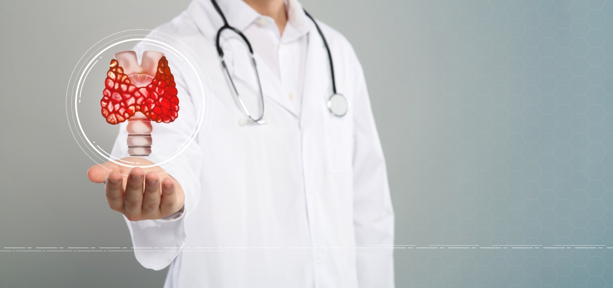 Endocrinologist holding virtual thyroid gland.