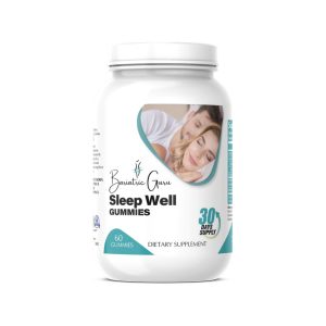 A white bottle labeled "Bariatric Guru Sleep Well Gummies," featuring a sleeping couple. Contains 60 dietary supplement gummies for a 30-day supply.
