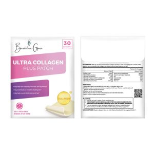 Front and back view of Bariatric Guru Ultra Collagen Plus Patch packaging. Front highlights key benefits; back details ingredients, directions, and cautionary notes.