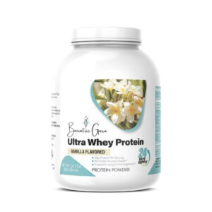 White container of Bariatric Guru Ultra Whey Protein, vanilla flavored, with an image of vanilla flowers. Label highlights "20g protein" and "supports weight management." Net wt. 28.3 oz.