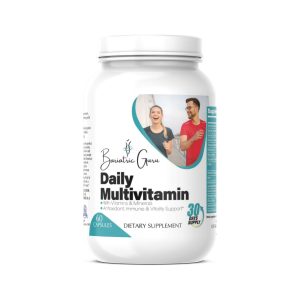 Bottle of Bariatric Guru Daily Multivitamin with 60 capsules, featuring a label with a smiling man and woman exercising.