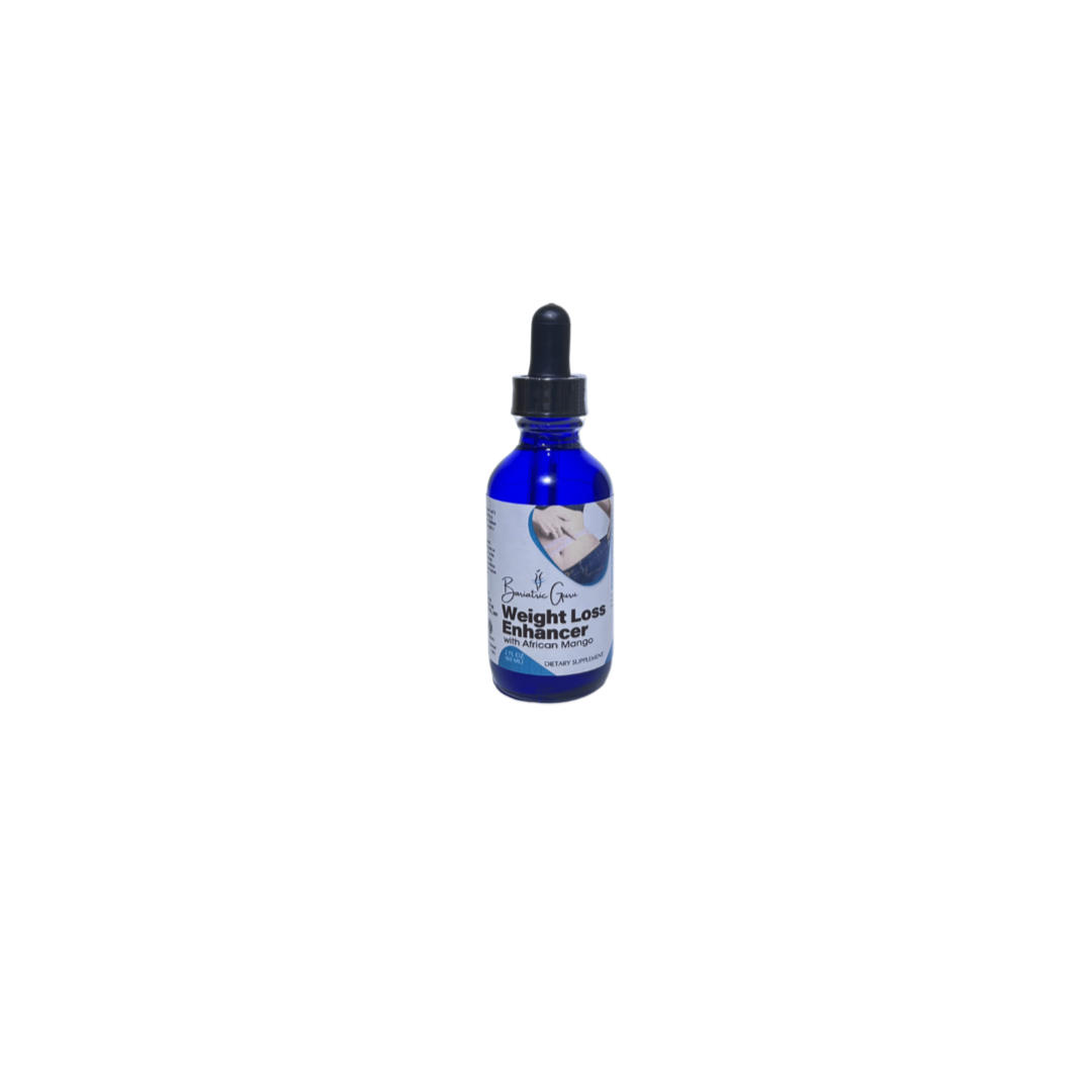 Blue glass dropper bottle labeled "Weight Loss Enhancer" with a black cap.