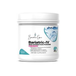 Container of Bariatric-IV Max-Hydration Powder, fruit punch flavor, 9.5 oz, dietary supplement for hydration with vitamins and minerals, by Bariatric Guru.