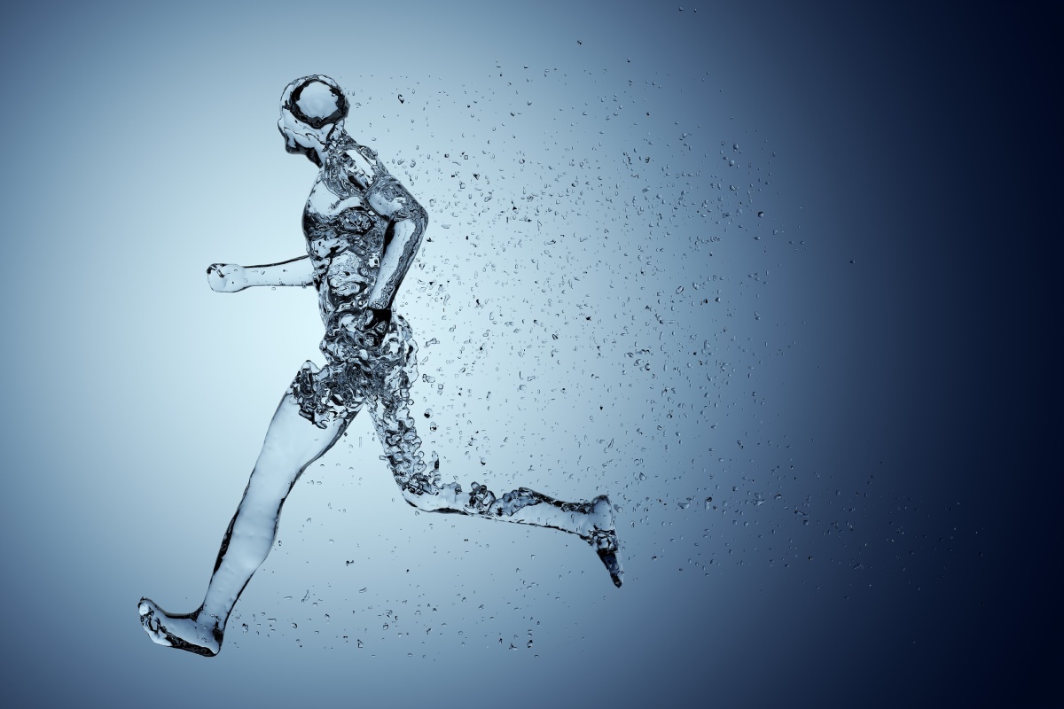 A figure made of water appears to be running, with droplets trailing behind, set against a gradient blue background.