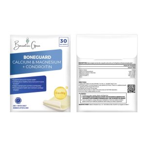 Front and back view of a Boneguard supplement package, highlighting calcium, magnesium, and chondroitin for bone support. Includes usage directions and nutritional information.