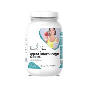 A white bottle of Bariatric Guru Apple Cider Vinegar Gummies with a label showing a woman holding an apple. Contains 60 gummies, marketed as a dietary supplement.