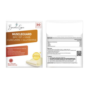Front and back view of Bariatric Guru's "Muscleguard" supplement packaging, containing BPC-157, HMB, curcumin, and glutamine, highlighting muscle recovery benefits.