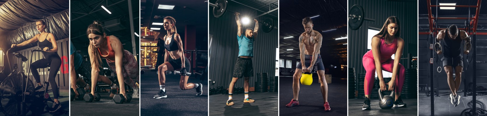 Six people are engaged in various fitness activities at a gym, including cycling, lifting weights, and kettlebell exercises, under dim lighting.