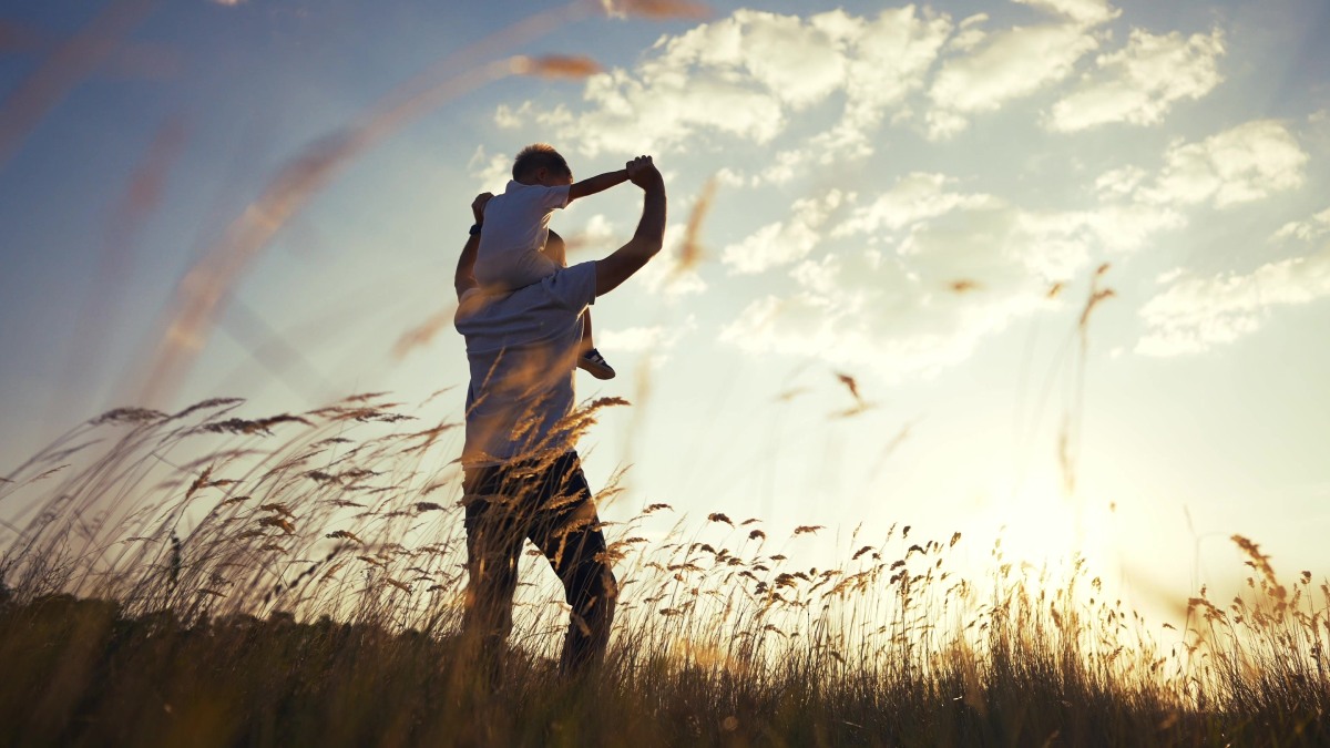 Person carries child on shoulders, walking through a field of tall grass under a partly cloudy sky at sunset.