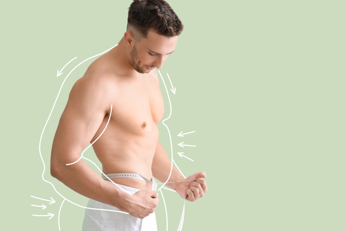 A shirtless man measuring his waist with a tape measure, with white arrows drawn around his body on a green background.
