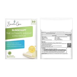 Packaging of Bariatric Guru SlimSculpt weight loss patch, front and back views, highlighting key features and instructions.