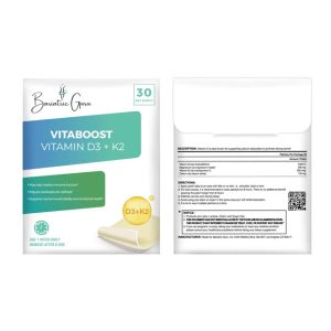 Front and back of a vitamin D3 + K2 supplement package. Front highlights benefits like heart health and immune function. Back contains usage directions and product details.
