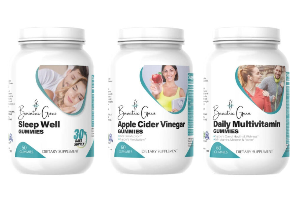 Three bottles of dietary supplements: Sleep Well Gummies, Apple Cider Vinegar Gummies, and Daily Multivitamin Gummies, each containing 60 gummies.