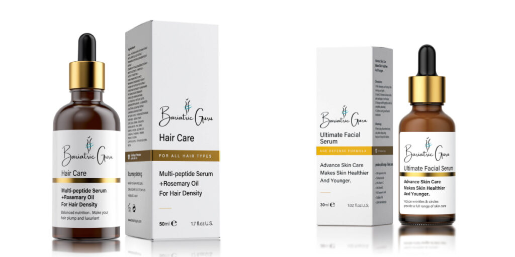Two bottles of cosmetic serums with boxes: one for hair care and the other for facial care. The hair serum includes rosemary oil, and the facial serum is labeled as an advance skin care product.